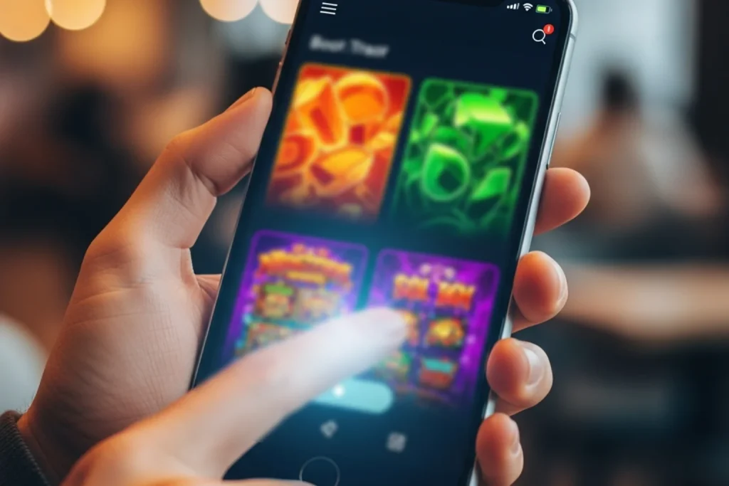 Smartphone displaying a sweepstakes casino app lobby with colorful slot game thumbnails