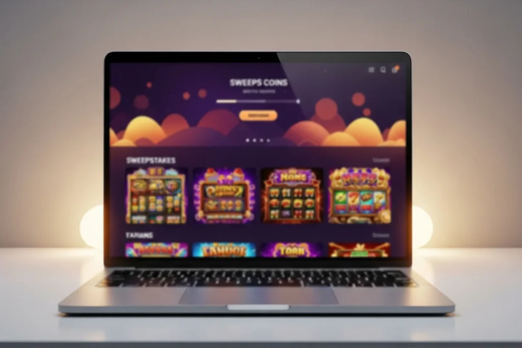 Laptop screen showing the Chumba Casino lobby with slot games and a Sweeps Coins balance