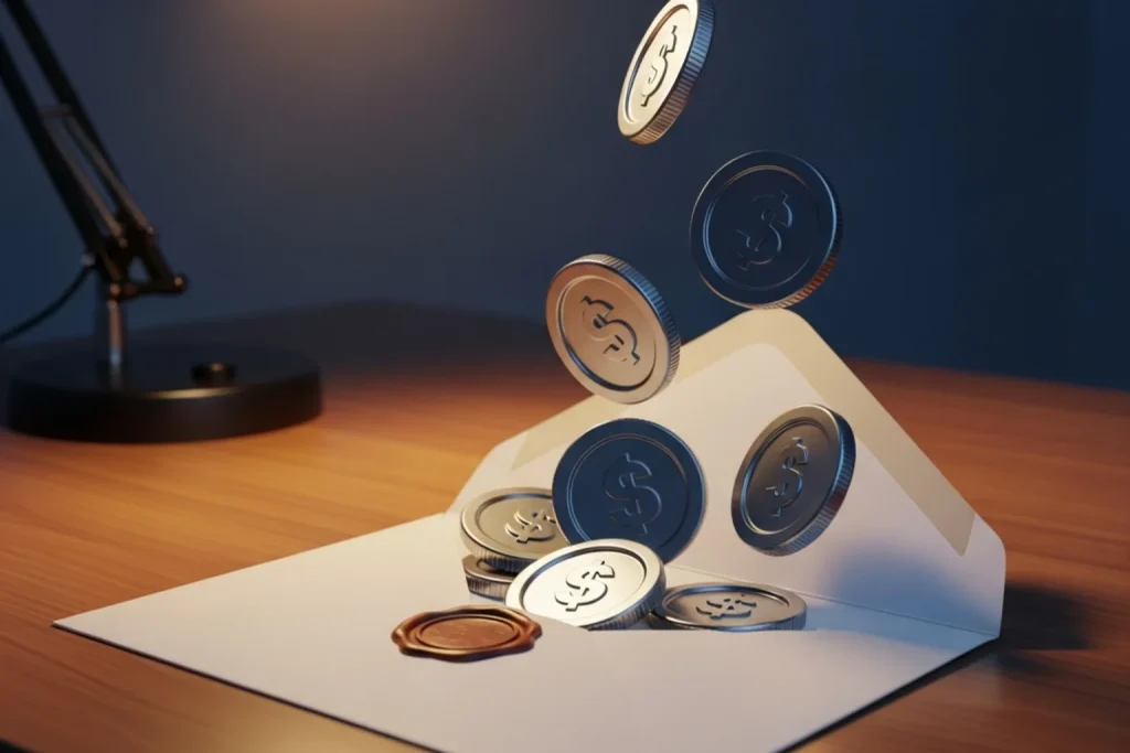 Hand reaching toward glowing sweeps coins floating above an open envelope symbolizing free no-deposit offers