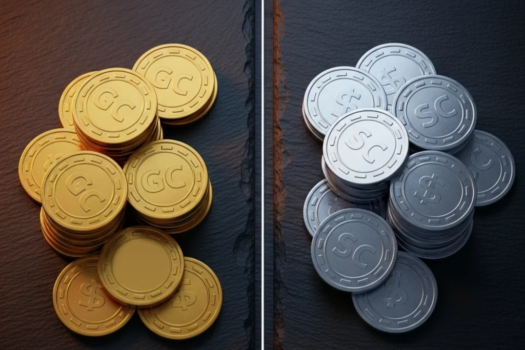 Two stacks of coins side by side representing Gold Coins and Sweeps Coins at a sweepstakes casino