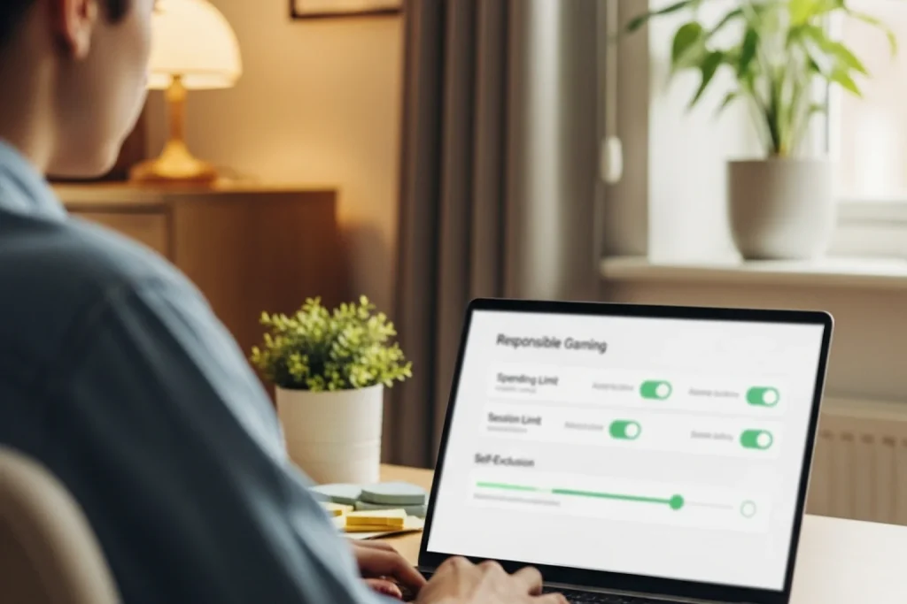 Person setting spending limits on a sweepstakes casino account using a self-control settings panel