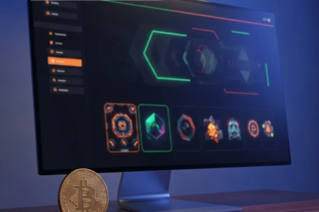 Stake.us sweepstakes casino interface on a monitor next to a physical Bitcoin symbol