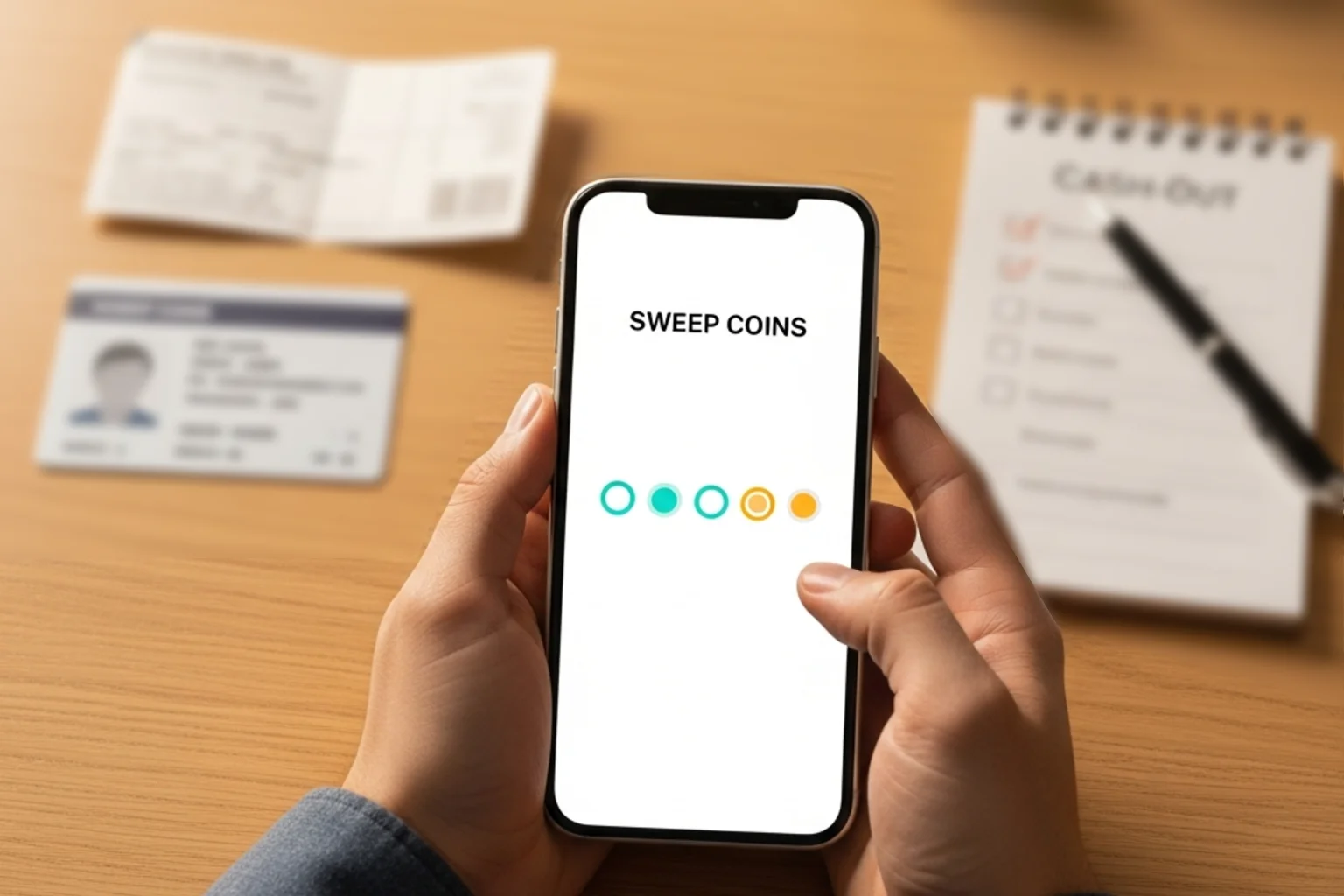 Step-by-step process for redeeming sweep coins for cash prizes including KYC verification