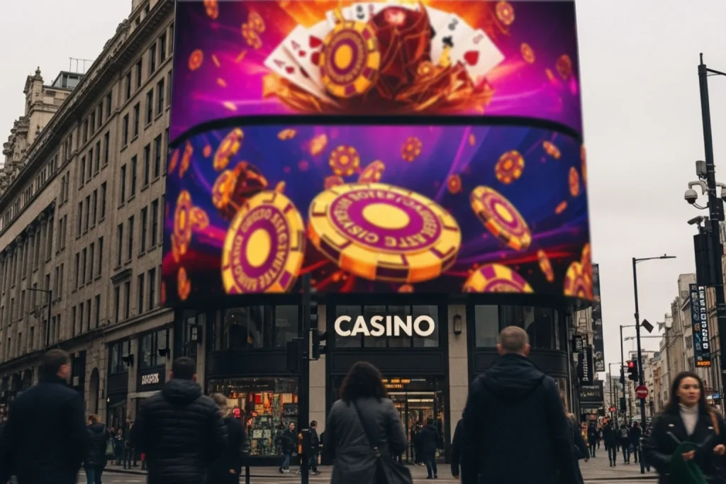 Billboard advertising a sweepstakes casino on a busy city street with pedestrians walking past