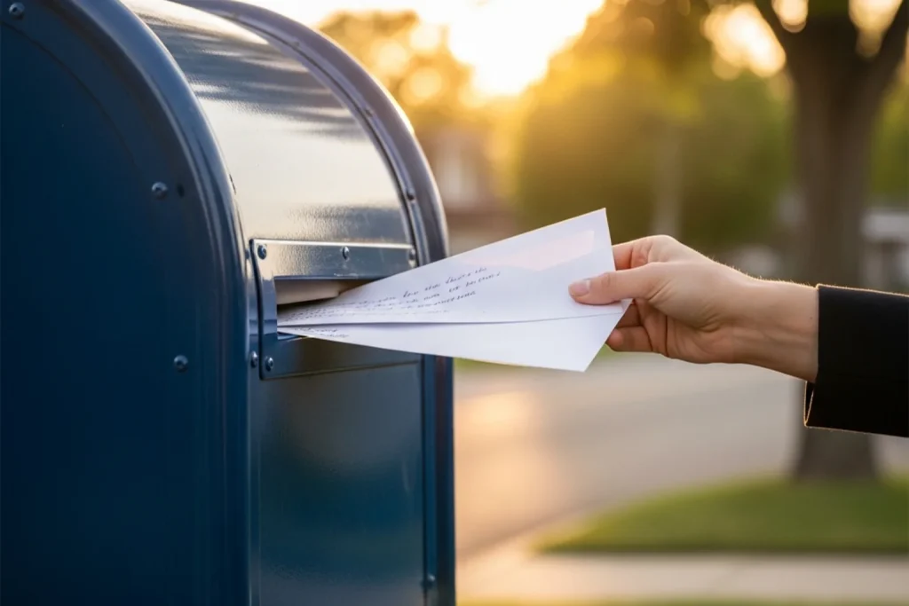 Handwritten letter being placed into a mailbox as an AMOE request for free sweeps coins