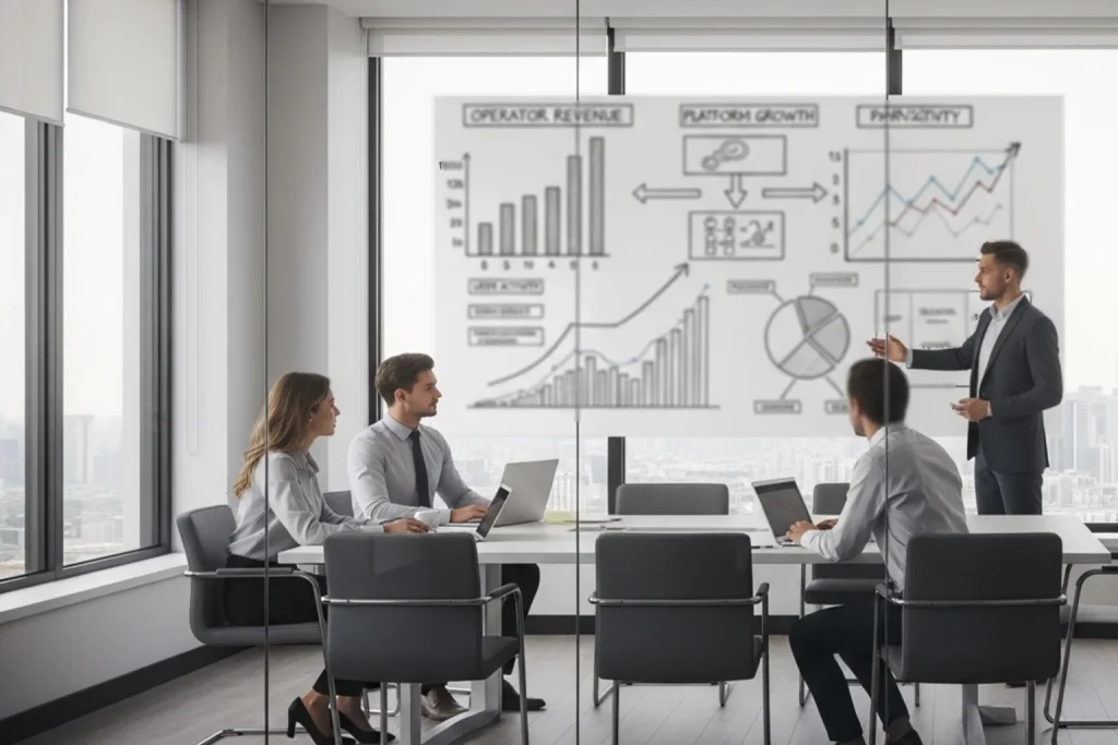 Business meeting with professionals discussing sweepstakes casino operator metrics on a conference room whiteboard