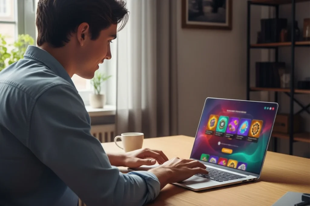 Beginner sitting at a laptop discovering a sweepstakes casino platform for the first time