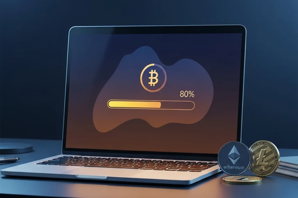 Person sending a Bitcoin withdrawal from a sweepstakes casino account on a laptop screen