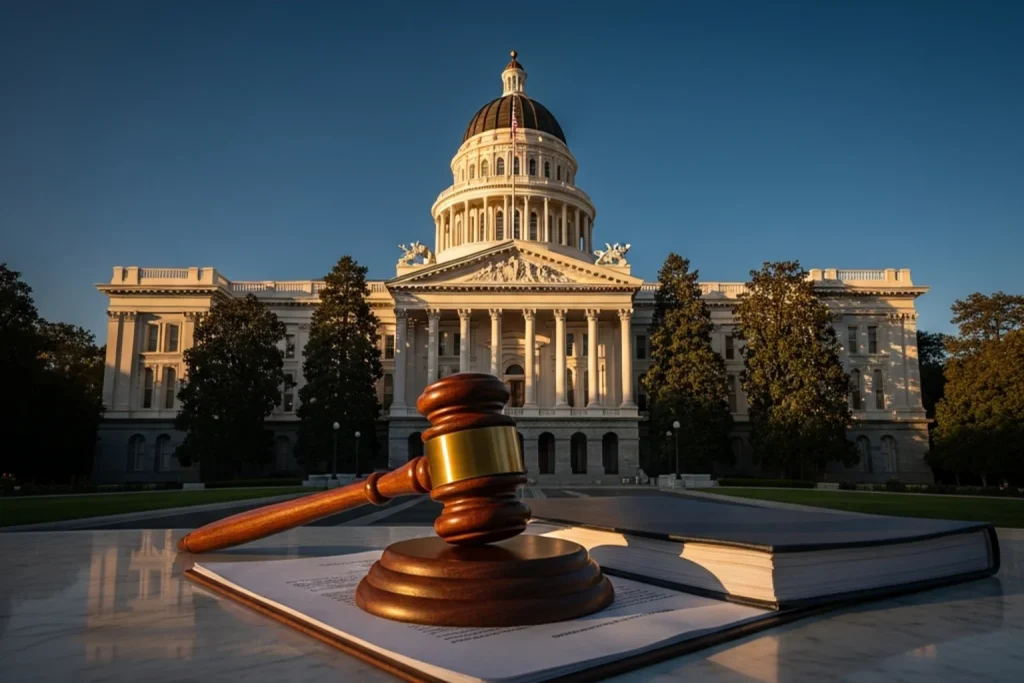 California state capitol building with a gavel symbolizing the AB 831 sweepstakes casino ban