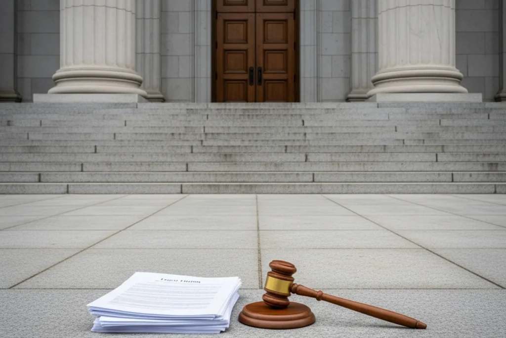 Courthouse entrance with legal documents and a gavel symbolizing sweepstakes casino class-action litigation