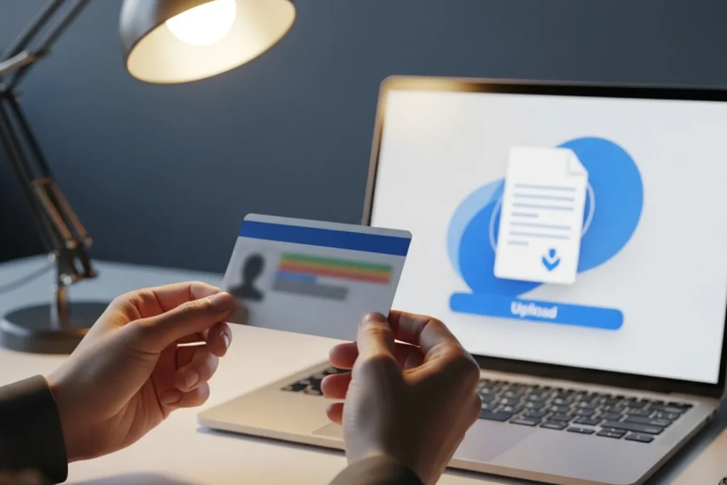 Person holding an ID card next to a laptop while completing KYC verification at a sweepstakes casino