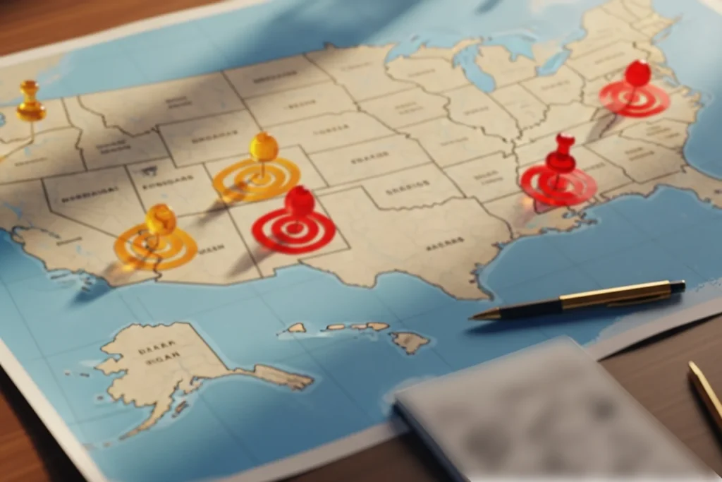 US map with highlighted states showing pending sweepstakes casino legislation in 2026