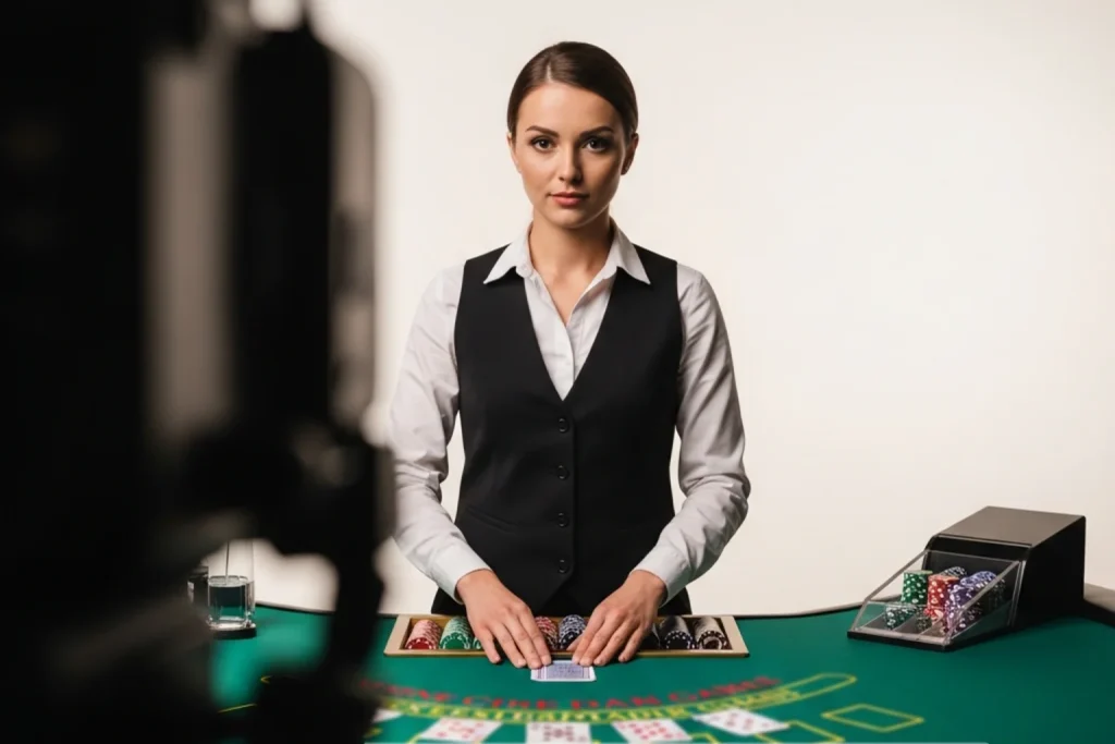 Professional live dealer at a blackjack table streaming a game for sweepstakes casino players