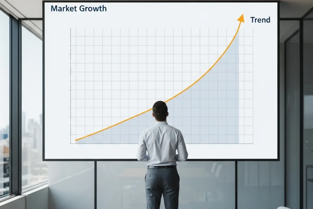 Business analyst studying a growth chart showing sweepstakes casino industry revenue trends