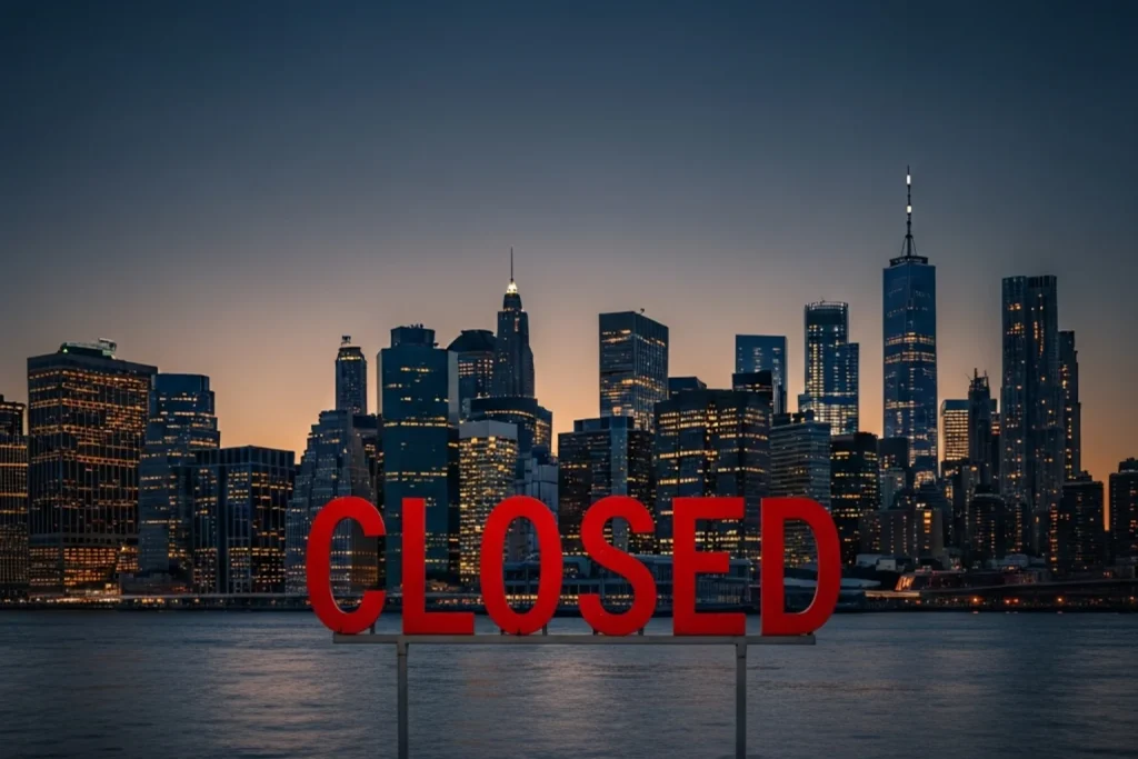 New York City skyline with a closed sign representing the sweepstakes casino ban under Senate Bill S5935