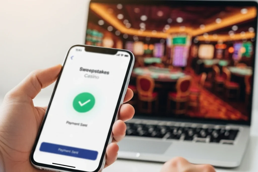 Smartphone showing a PayPal payment confirmation for a sweepstakes casino coin purchase