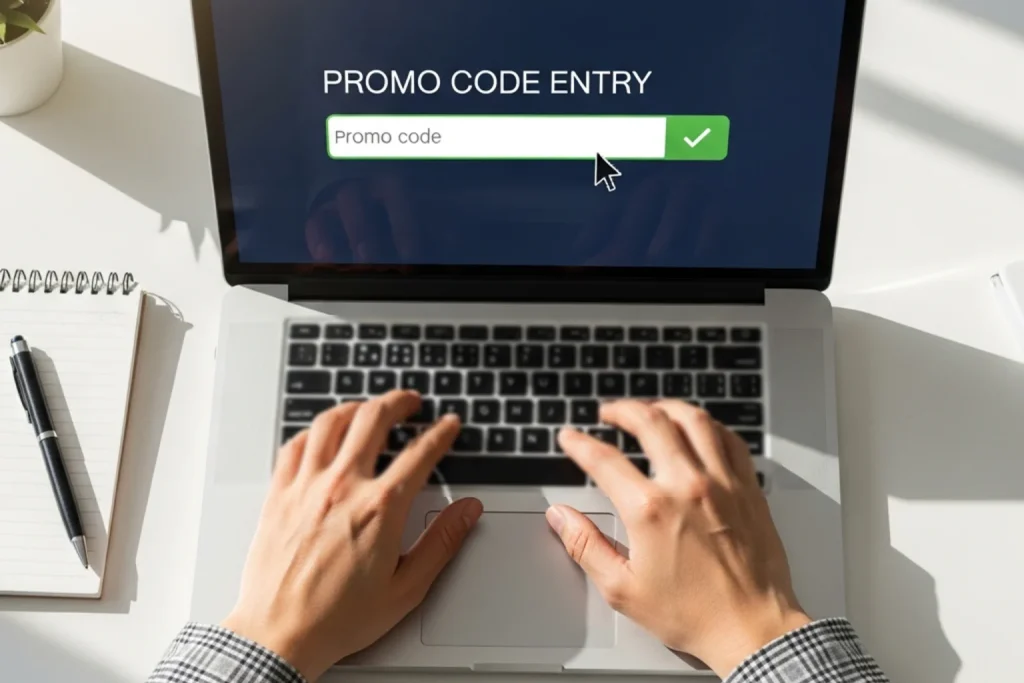 Person typing a sweepstakes casino promo code into a laptop with a bonus confirmation on screen