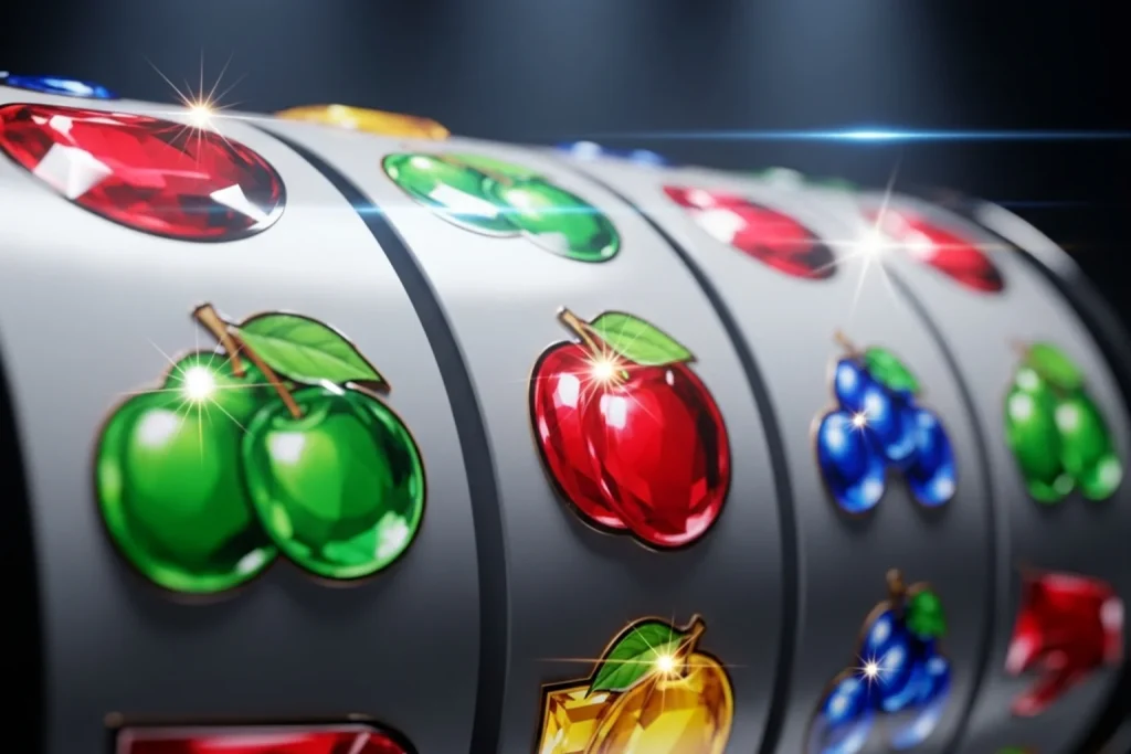Close-up of a colorful slot machine reel spinning inside a sweepstakes casino platform