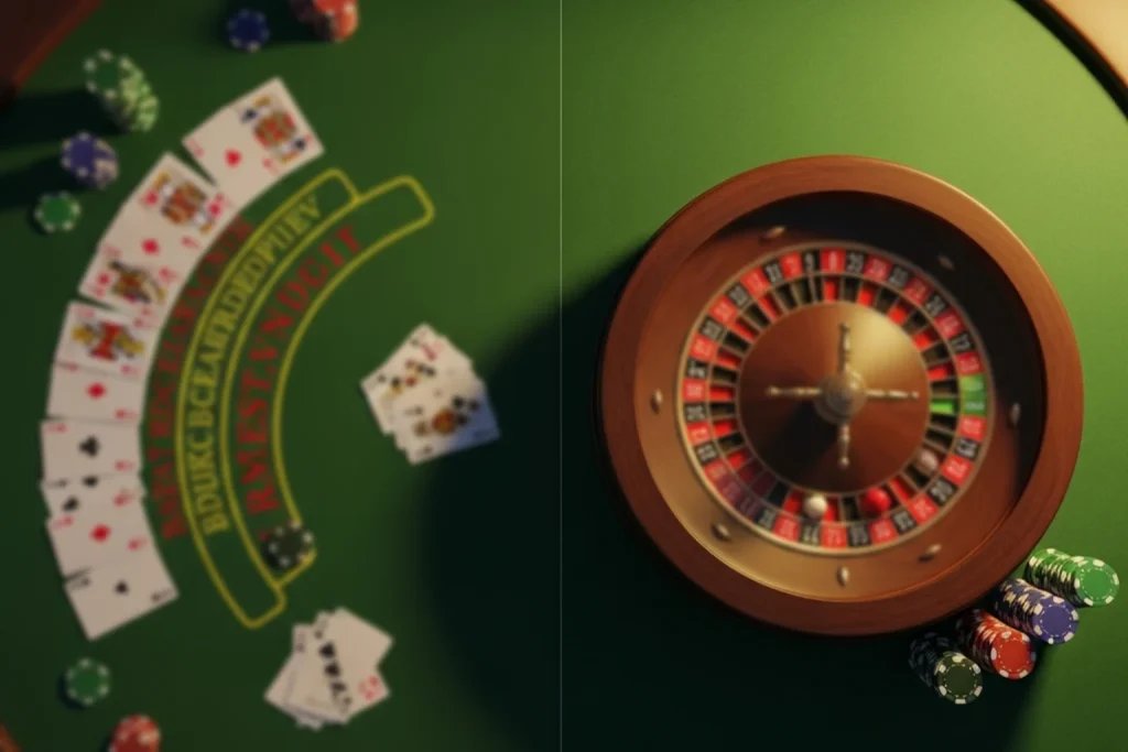 Overhead view of a green felt table with blackjack cards and roulette wheel at a sweepstakes casino