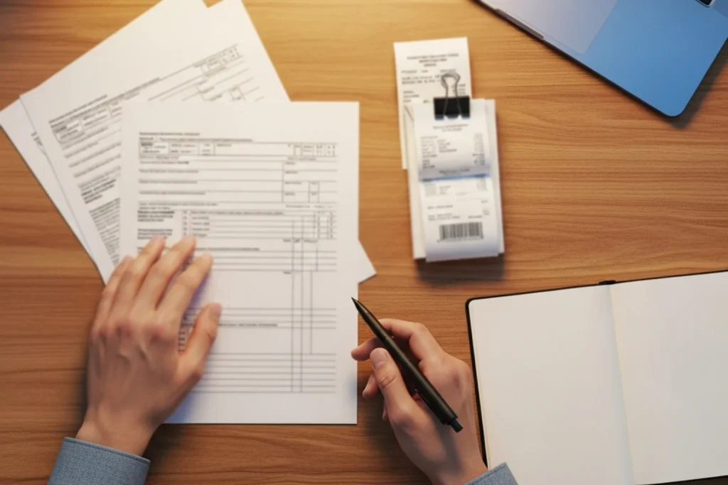 Person organizing tax documents and receipts related to sweepstakes casino winnings at a desk