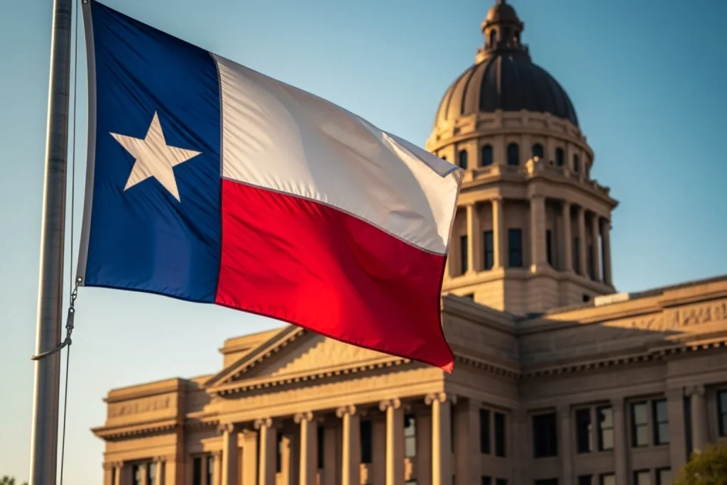 Texas state flag with a courthouse in the background representing sweepstakes casino legal uncertainty