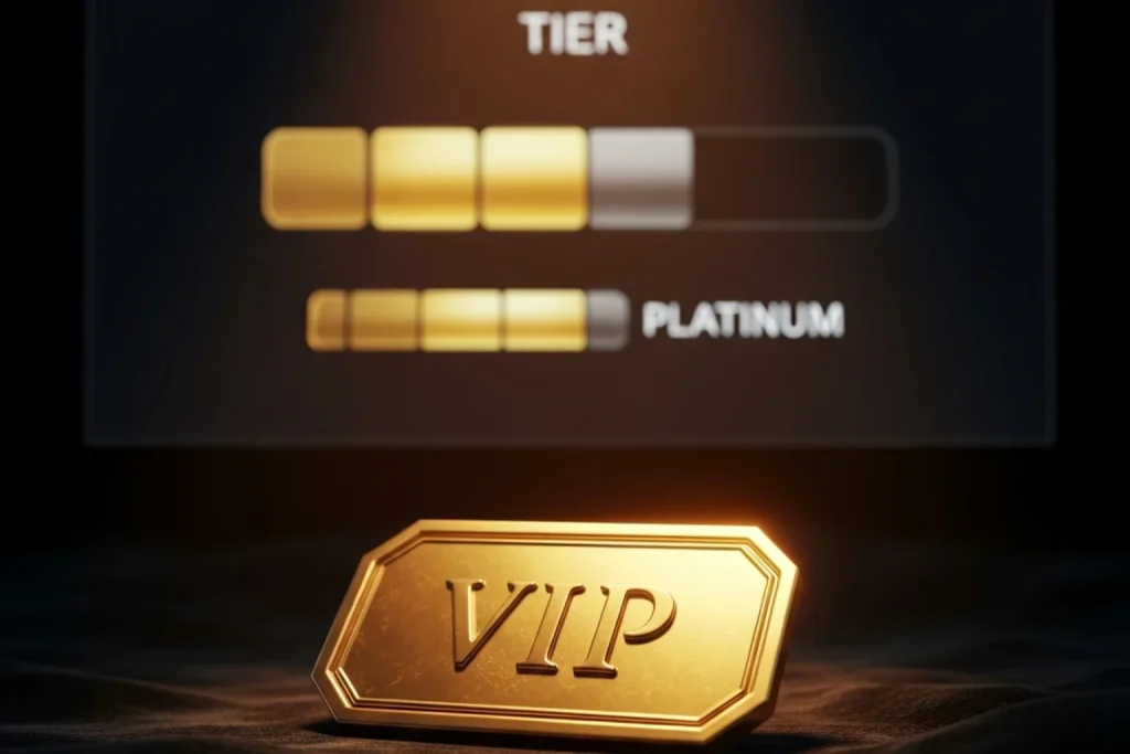 Golden VIP badge next to a tier progress bar on a sweepstakes casino loyalty rewards screen