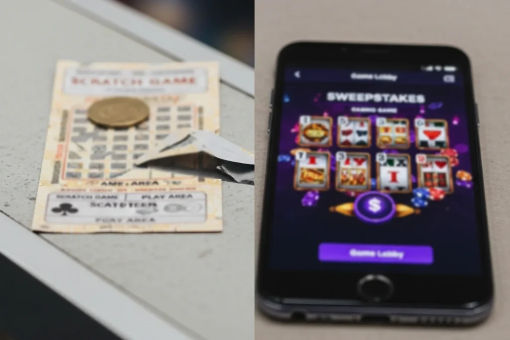 Split image of a lottery ticket and a sweepstakes casino screen showing competing entertainment options